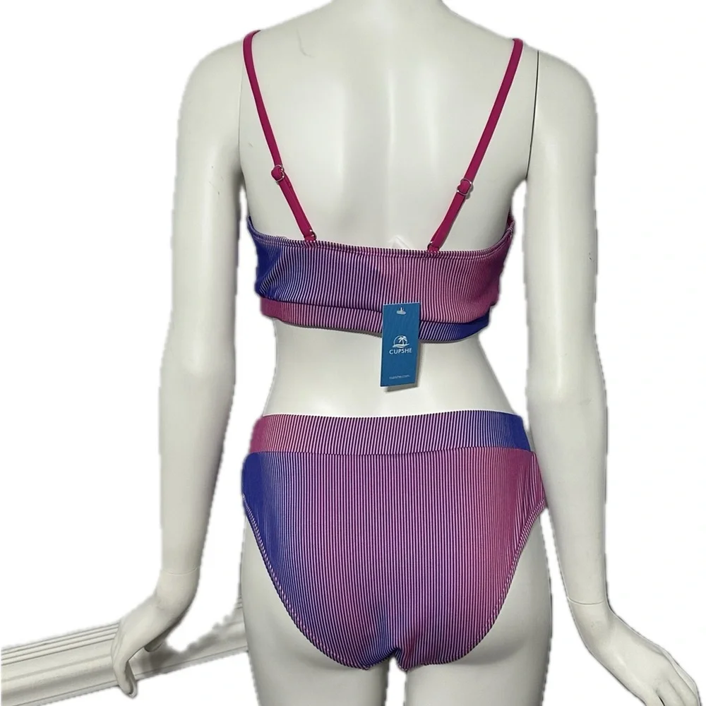 Cupshe 2 Piece Striped Bikini Pink Gradient Purple Retro Set Top & Bottom Size M